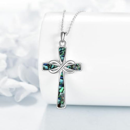 Infinity Cross Necklace S925 Sterling Silver Turquoise/Wooden/Opal/Abalone Cross Pendant Necklaces Christian Jewelry Gifts For Women - style: Abalone Cross