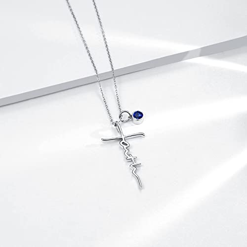 PRAYMOS Faith Cross Necklace for Women 925 Sterling Silver Pendant Necklace With Birthstone Initial Christian Religious Confirmation Baptism Mothers Day Gifts - color: 2-Silver September(Sapphire)