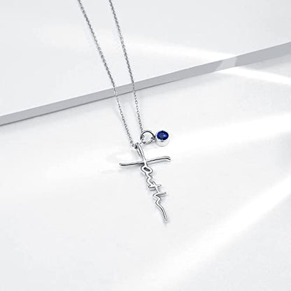 PRAYMOS Faith Cross Necklace for Women 925 Sterling Silver Pendant Necklace With Birthstone Initial Christian Religious Confirmation Baptism Mothers Day Gifts - color: 2-Silver September(Sapphire)