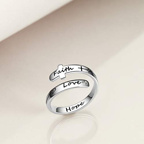 POPLYKE Cross Rings Sterling Silver Faith Adjustable Wrap Rings for Women Inspirational Jewelry Gifts - color: Hope