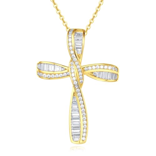 FANCIME Cross Necklace For Women Sterling Silver Cubic Zirconia Twisted Cross Infinity Open Loop Pendant Gift For Women, 18" Extender - color: Gold Ribbon Shine