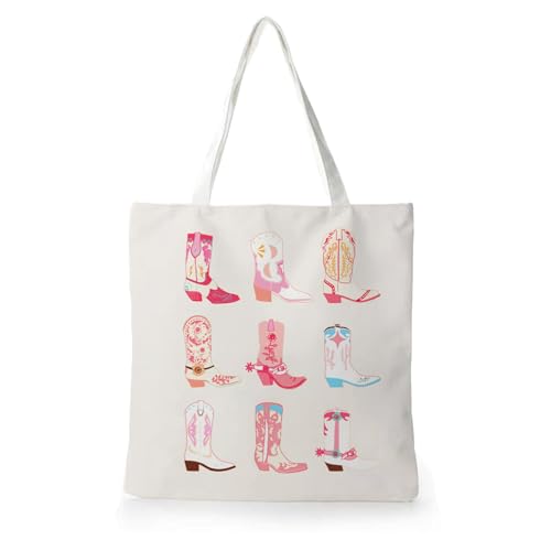 Preppy Coquette Pink Tote Bag, Trendy Shoulder Canvas Tote Bags, Durable Reusable Grocery Bag for Shopping and Travel - color: Cowboy Boots