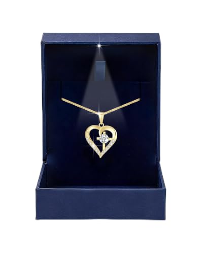 Moissanite Cross Necklace for Women in Light-Up Gift Box Heart Cross Jewelry 1CT Pendant for Women Gift Ideas for Wife Valentines Day Anniversary Birthday (S925 Sterling Silver/18K Real Gold Filled) - style: Gold without Card