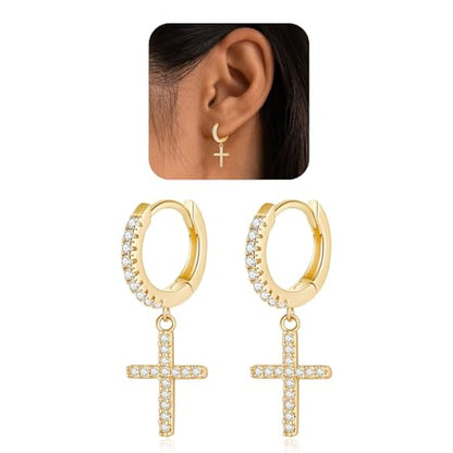 Dainty Huggie Hoop Dangle Earrings for Women, Small Hypoallergenic Hoop Earring with Charm Cross Star Moon Earrings, Sterling Silver CZ Huggie Drop Earrings for Teen Girls - style: Cross-Gold