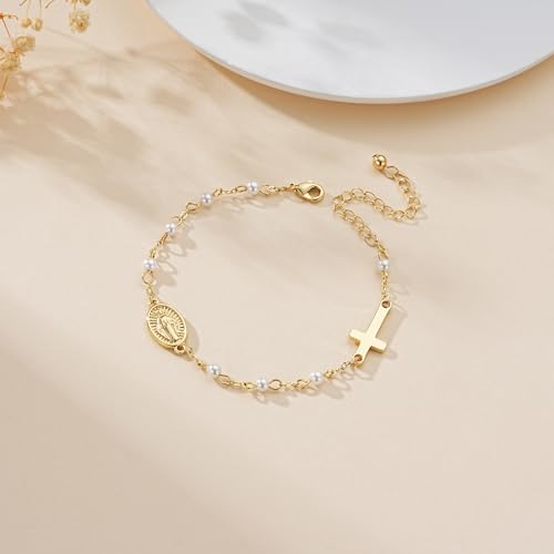 Gnamy Catholic Gifts for Teens Women, Virgin Mary Rosary Beads Cross Bracelet Religious Jewelry First Communion Confirmation Easter Basket Stuffers Teen Gifts Trendy Stuff for Daughter Gold