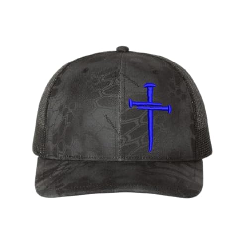 Christian Cross Baseball Cap, Religious Sacred Nails Design, Typhoon Mesh Back Snap Back CAMO HAT with Royal Blue Embroidered Faith Design