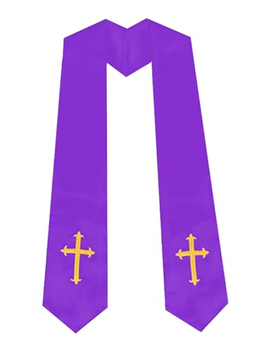 Unisex Clergy Stole with Embroidery Cross 72", Traditional Choir Stole - color: Purple