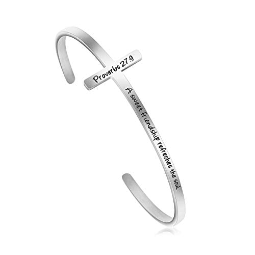 Memgift 𝐂𝐫𝐨𝐬𝐬 𝐁𝐫𝐚𝐜𝐞𝐥𝐞𝐭 Religious Cuff Bangle 𝐁𝐢𝐛𝐥𝐞 𝐕𝐞𝐫𝐬𝐞 Christian Gifts Jewelry for 𝐖𝐨𝐦𝐞𝐧 - style: Silver cuff-A sweet friendship refreshes the soul -Proverbs 27:9