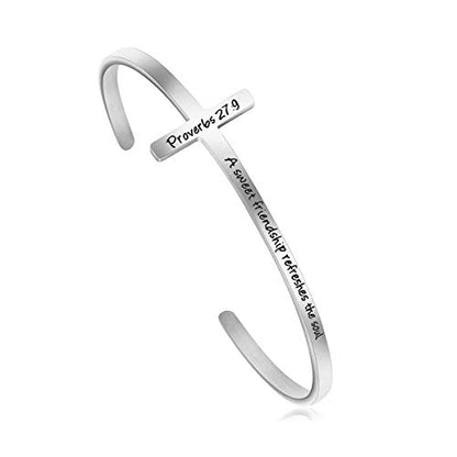 Memgift 𝐂𝐫𝐨𝐬𝐬 𝐁𝐫𝐚𝐜𝐞𝐥𝐞𝐭 Religious Cuff Bangle 𝐁𝐢𝐛𝐥𝐞 𝐕𝐞𝐫𝐬𝐞 Christian Gifts Jewelry for 𝐖𝐨𝐦𝐞𝐧 - style: Silver cuff-A sweet friendship refreshes the soul -Proverbs 27:9