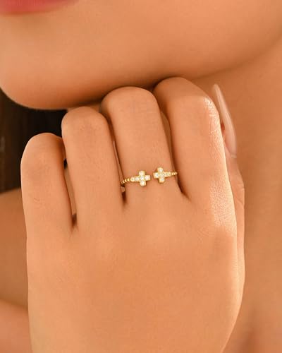 925 Sterling Silver Dainty Gold Cross Stackable Ring for Women Mom Daughter - color: Gold