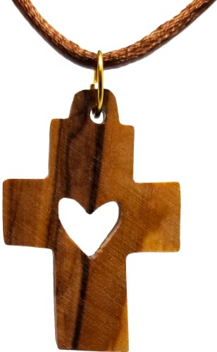 Logos Trading Post Heart Cross, Wooden Cross Necklace for Men & Women, Certified Holy Land Olive Wood Orthodox Pendant Necklace from Bethlehem Israel, Christian & Catholic Religious Keepsake Gift