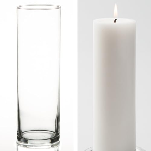 12 Eastland Glass Cylinder Vases 10.5" and 12 White Richland Pillar Candles 9" - color: White, size: 9"