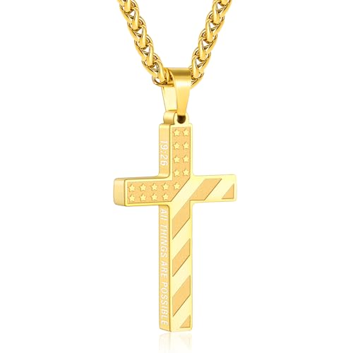 Cross Necklace for Men, 316L Stainless Steel American Flag Bible Verse Christmas Christian Catholic Baptism Confirmation Gifts 22+2 Inches - color: Gold, style: 19:26 All THINGS ARE POSSIBLE