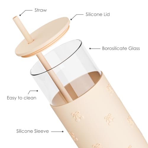 SANDJEST Glass Water Bottle with Silicone Sleeve 20oz, Glass Tumbler with Straw and Lid, Smoothie and Iced Coffee Cup, Cherry Gifts for Women Teen Girls Birthday Christmas - color: Cherry
