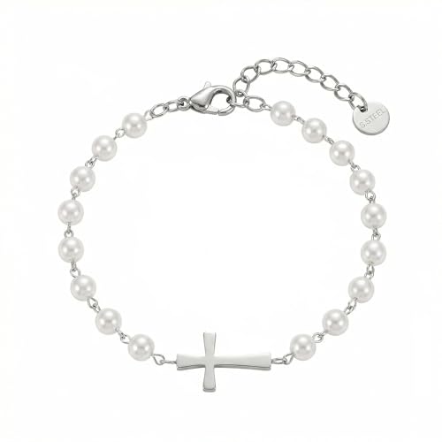 18K Gold Plated Pearl Bracelets for Women Dainty Waterproof - style: Pearl Chain Cross-White Gold