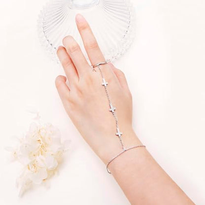 S925 Sterling Silver Finger Ring Bracelet Hand Adjustable Chain for Women - style: Cross