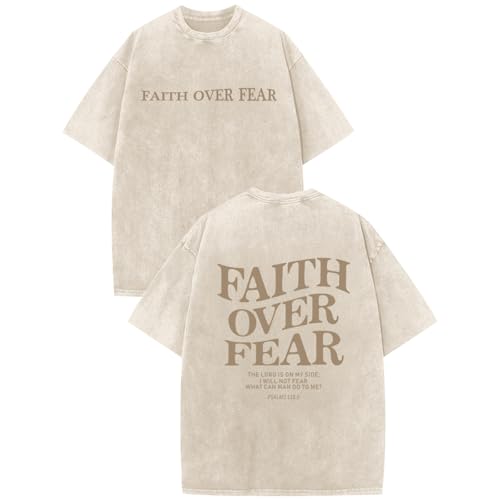 Christian Faith Over Fear Shirt for Men Jesus Religious Shirts Oversized Graphic Tees Acid Wash God T-Shirt - color: Apricot, size: Medium