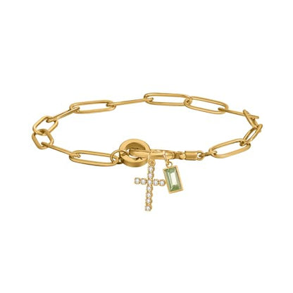 Paperclip Birthstone Cross Charm Bracelet – 18K Gold Plated Link Chain with Cross Charm & Personalized Birthstone, Adjustable Faith Jewelry Gift for Women, Baptism Confirmation Birthday - color: Aug - Peridot