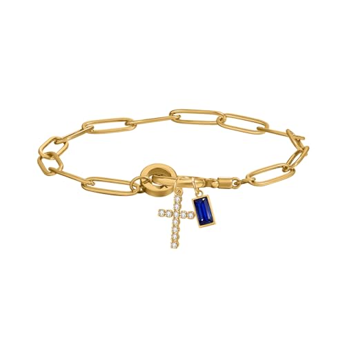 Paperclip Birthstone Cross Charm Bracelet – 18K Gold Plated Link Chain with Cross Charm & Personalized Birthstone, Adjustable Faith Jewelry Gift for Women, Baptism Confirmation Birthday - color: Sep - Sapphire