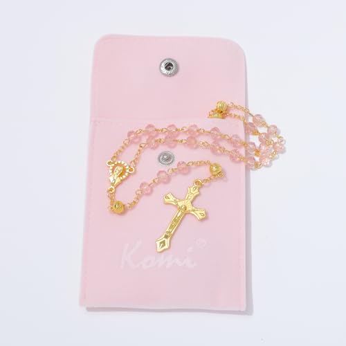 KOMI Crystal Rosary Beads with Jesus Crucifix, Catholic Necklace for Women First Communion Rosarios Wedding Rosary with Velvet Bag - style: 6MM-Pink-2
