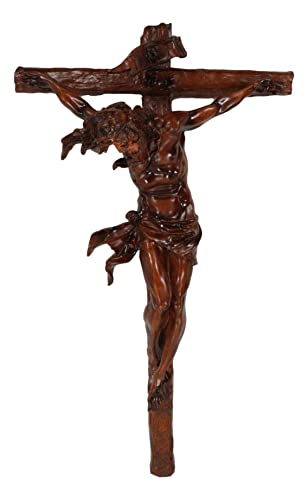 Ebros Large 19.75" High INRI Jesus Christ Crucified On The Cross Wall Hanging Crucifix Crosses Sculpture in Deep Brown Mahogany Faux Wood Like Finish Catholic Christian Home Decor Resin Plaque