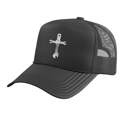 Mechanic Cross of Wrenches Inspiring Christian Faith Trucker Hat with Adjustable Mesh Back - color: Black