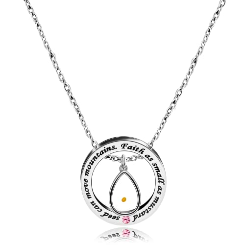Uloveido Christian Circle Round Ring Necklace Engraved Faith As Small As A Mustard Seed Can Move Mountains Y958 - style: Pink CZ-drop