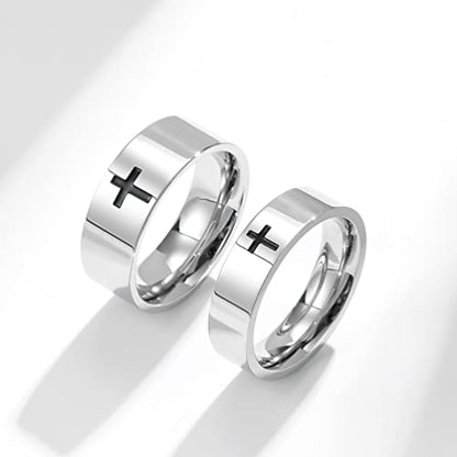 Men's Cross Ring Black/Silver Christian Wedding Band Stainless Steel - color: 6mm,silver
