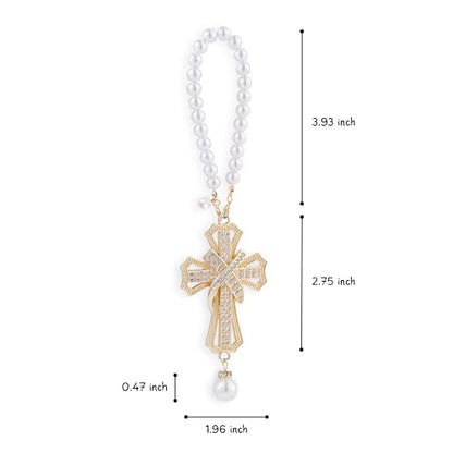 Car Rear View Mirror Hanging Cross Charm, Christian Car Accessories, Rearview Mirror Accessories, Cross for Car, 18K Gold Plated Brass with CZ Crystals & Pearl Beads, Faith Gift for Drivers Safe Travel