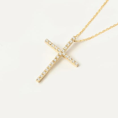 Gelin Dainty Elongated Pave Diamond Cross Necklace for Women in 14K Solid Gold, 18 Inch Chain