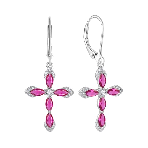 Birthstone Cross Earrings for Women 925 Sterling Silver - color: 07 July - Ruby