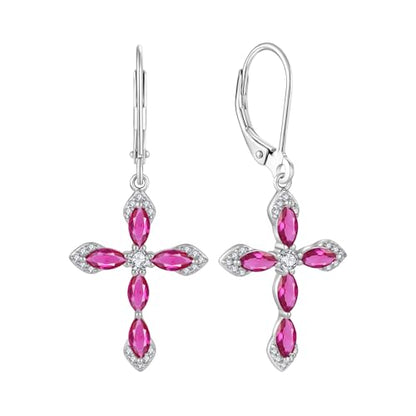 Birthstone Cross Earrings for Women 925 Sterling Silver - color: 07 July - Ruby
