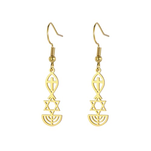 Messianic Seal Dangle Earrings Messianic Seal of Jerusalem Earrings Star of David,Ichthus with Cross,Menorah,Jewish Star Earrings Religious Hanukkah Jewelry Token of Prayer - color: gold