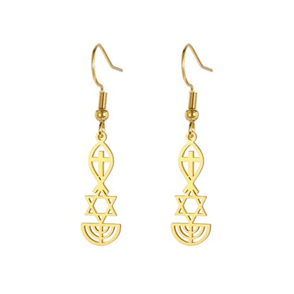 Messianic Seal Dangle Earrings Messianic Seal of Jerusalem Earrings Star of David,Ichthus with Cross,Menorah,Jewish Star Earrings Religious Hanukkah Jewelry Token of Prayer - color: gold