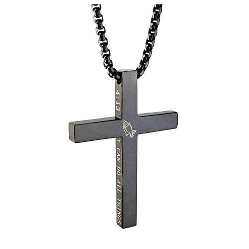 Cross Necklace Stainless Steel Necklace Religious Bible Verse Pendant Crucifix Necklace Faith Jewelry with 22' Chain - style: I can do all things - black