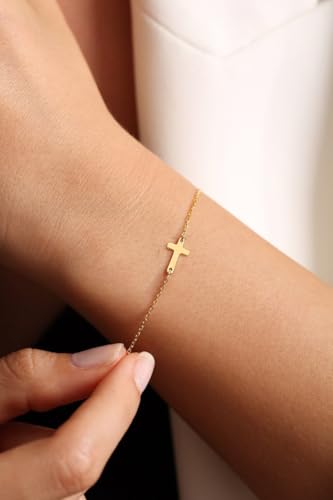Moodear Cross Bracelet for Women, Dainty Sterling Silver/Gold Plated Gift - color: Gold Cross Bracelet