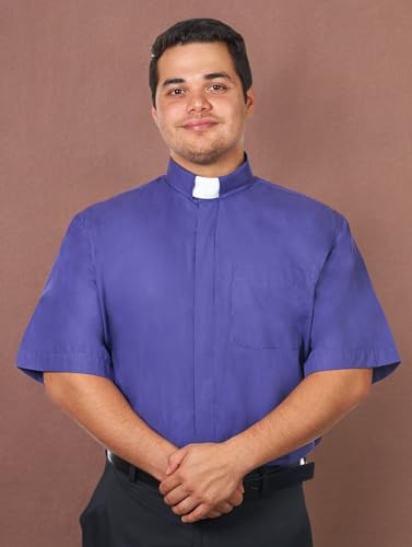Men's Tab Collar Clergy Shirt Short Sleeves - color: Purple, size: 17"-17.5" Neck