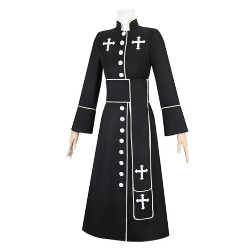 Clergy Robe Set with Cross, Full Length Button-Down, Black with White Trim, Includes Stole and Gold Cross Necklace - color: Black, size: X-Large