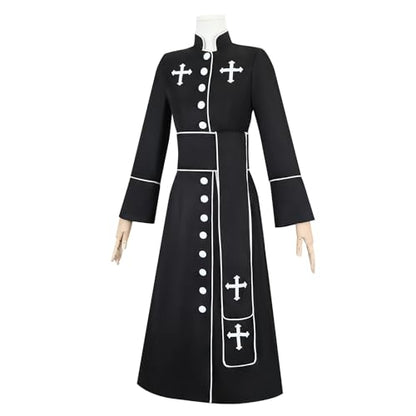 Clergy Robe Set with Cross, Full Length Button-Down, Black with White Trim, Includes Stole and Gold Cross Necklace - color: Black, size: X-Large