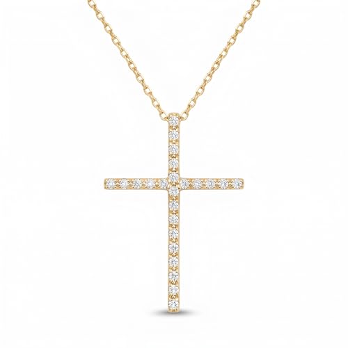 Gelin Dainty Elongated Pave Diamond Cross Necklace for Women in 14K Solid Gold, 18 Inch Chain
