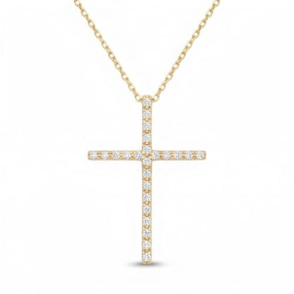 Gelin Dainty Elongated Pave Diamond Cross Necklace for Women in 14K Solid Gold, 18 Inch Chain