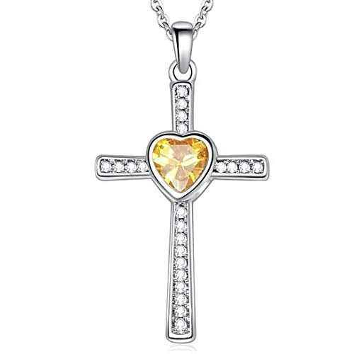 JUDE Stainless Steel Heart Birthstone Cross Statement Wedding Cocktail Party Pendant Necklace - color: Nov-Citrine