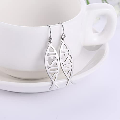 Earrings For Women Jesus Fish Faith Symbol Earrings Stainless Steel Chic Arc Fish Hook Earrings Christian Jewelry - color: silver 3