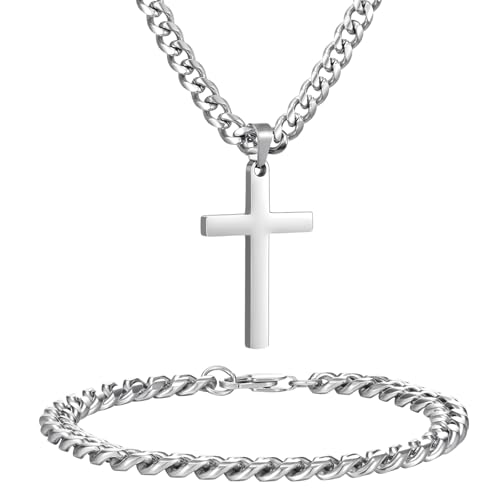 NORBU Stainless Steel Cross Necklace and Bracelet Set for Men, Cuban Link - color: Silver Cuban