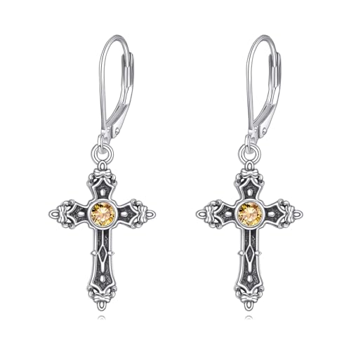 LONAGO Cross Earrings for Women 925 Sterling Silver Vintage Cross with Birthstone Drop Earrings - color: November