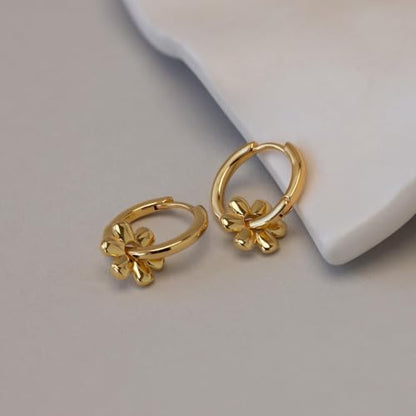Dangle Earrings for Women, Dainty Huggie Hoop Dangle Earrings - color: Flower 01 Dangle Gold