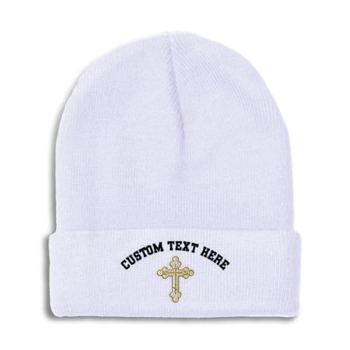 Custom Beanies for Men Gold Outline Orthodox Cross Faith Jesus God Skull Cap Winter Hats Women One Size - color: White Personalized Text Here