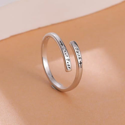 LOVECOM 925 Sterling Silver Faith Over Fear Cross Rings for Women Mother - color: Silver