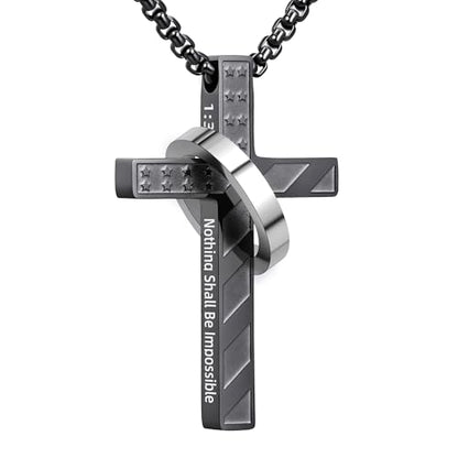 Cross Necklace for Men,Stainless Steel Ring Pendant Necklaces - color: black, style: 1:37 with ring