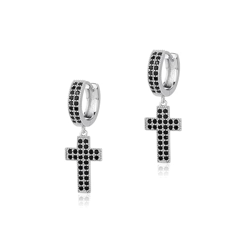 TOPGRILLZ Cross Hoop Dangle Earrings 925 Sterling Silver 5A+ Cubic Zirconia 14K Gold Hypoallergenic Cross Hoop Cuff Huggie Drop Earrings For Men Women - color: Cross 2 Silver Black